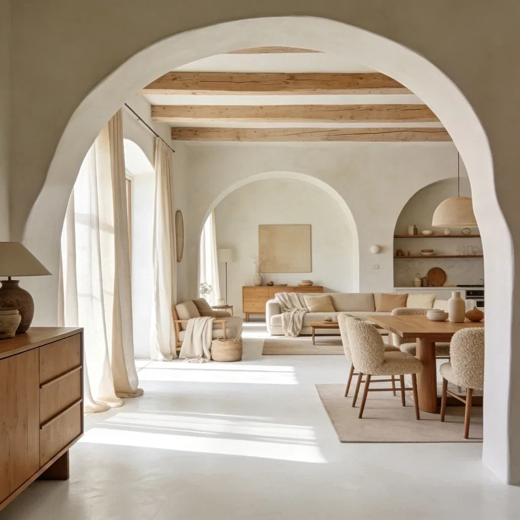 Salón-comedor de estilo nórdico con suelo continuo de microcemento color Blanco y mobiliario de madera en tonos naturales.