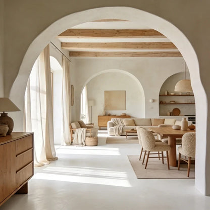 Salón-comedor de estilo nórdico con suelo continuo de microcemento color Blanco y mobiliario de madera en tonos naturales.