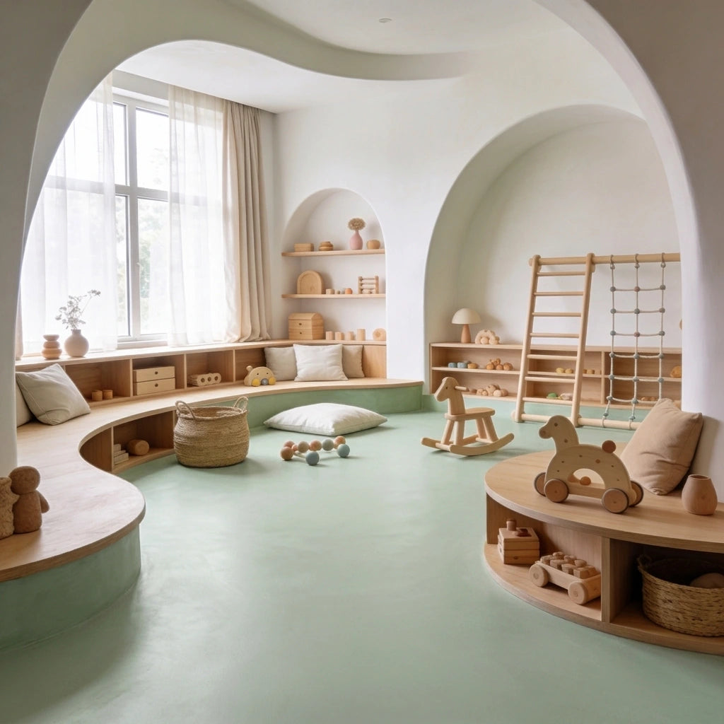 Cuarto de juegos infantil de estilo Montessori con suelo de microcemento color Moss y mobiliario curvo de madera natural.