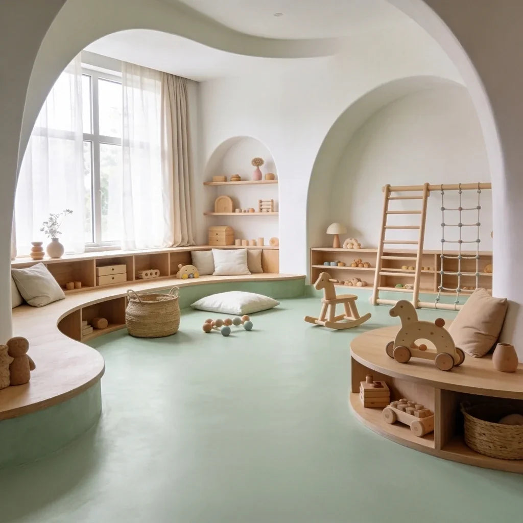 Cuarto de juegos infantil de estilo Montessori con suelo de microcemento color Moss y mobiliario curvo de madera natural.