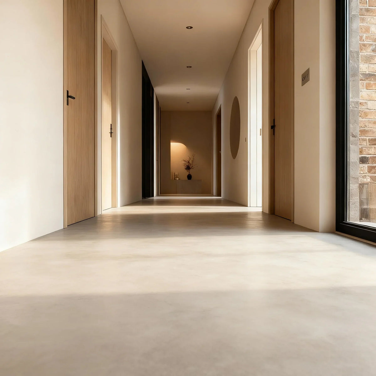 Pasillo amplio y luminoso con suelo de microcemento color Bone, aplicado sobre el pavimento existente.