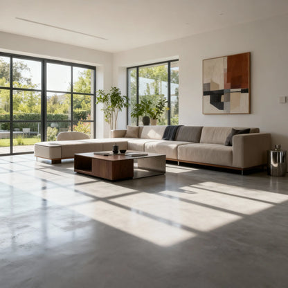 Salón luminoso con suelo de microcemento color Papyrus y grandes ventanales al jardín.
