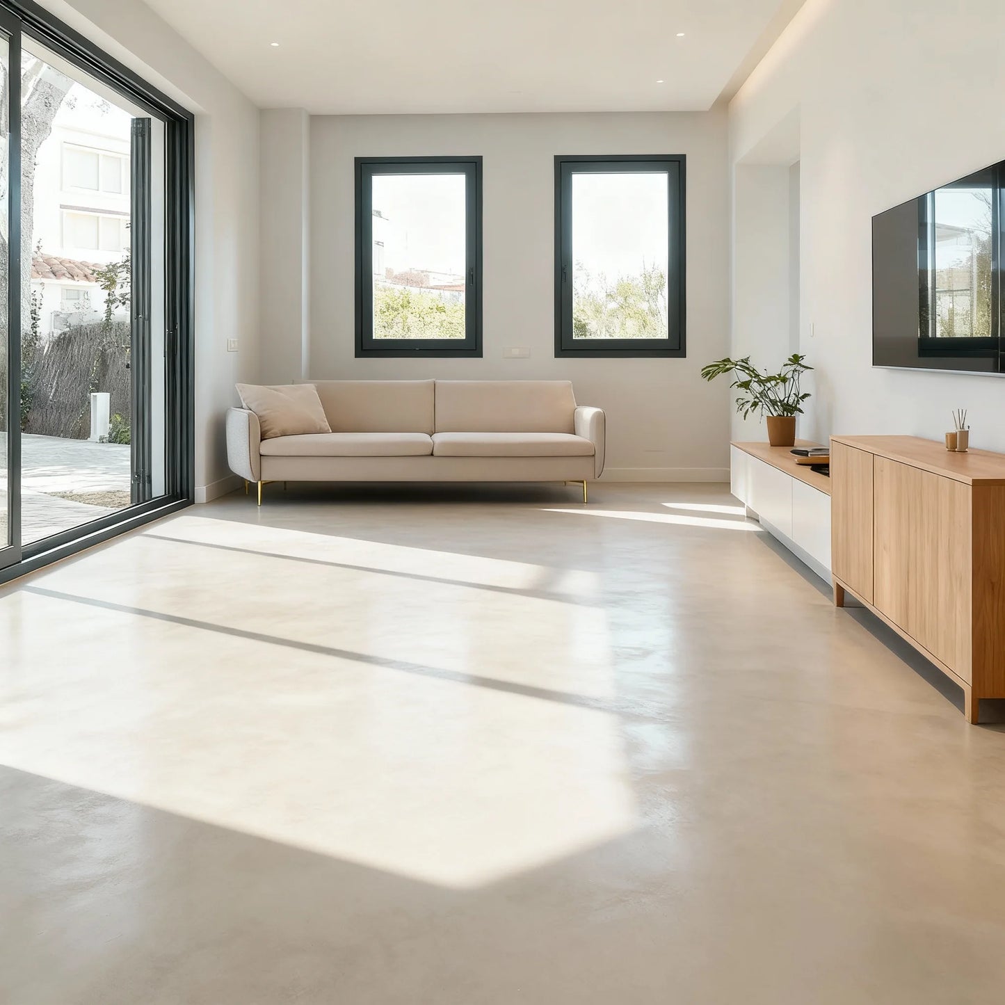 Salón luminoso con suelo de microcemento color Porcelain y grandes ventanales que dejan entrar la luz natural.