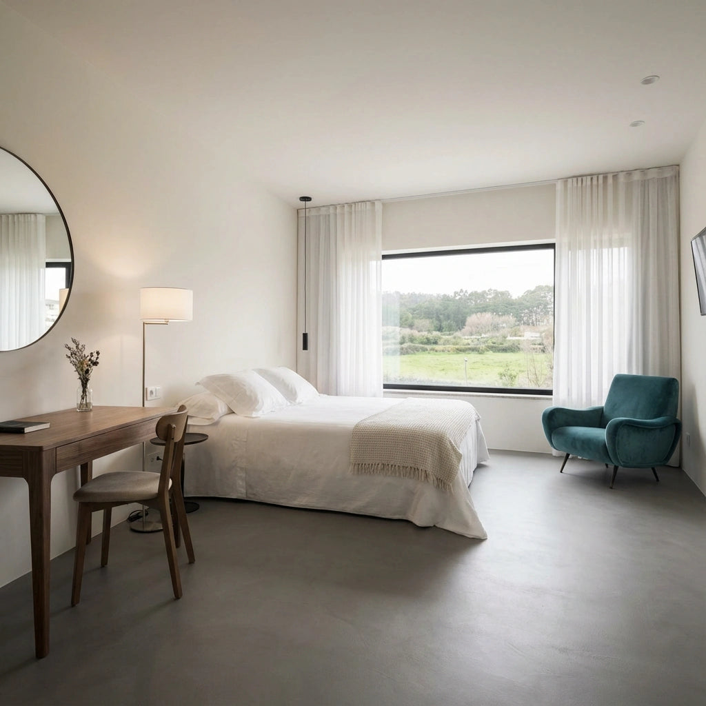 Dormitorio luminoso con suelo de microcemento color Shale Grey y gran ventanal con vistas al paisaje.