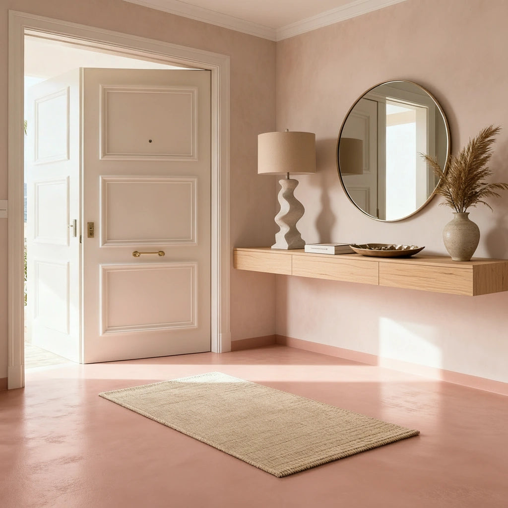 Recibidor moderno y luminoso con suelo continuo de microcemento color Blush, mueble suspendido de madera, espejo redondo y lámpara decorativa junto a la puerta de entrada.