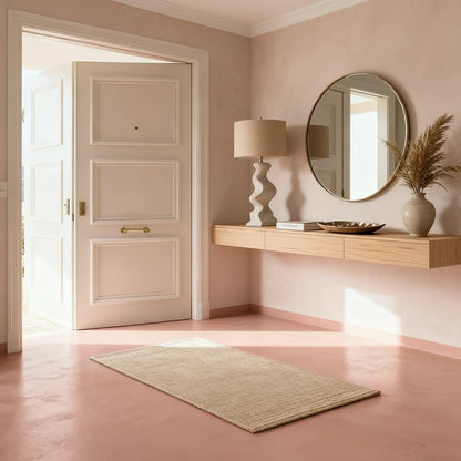 Recibidor moderno y luminoso con suelo continuo de microcemento color Blush, mueble suspendido de madera, espejo redondo y lámpara decorativa junto a la puerta de entrada.