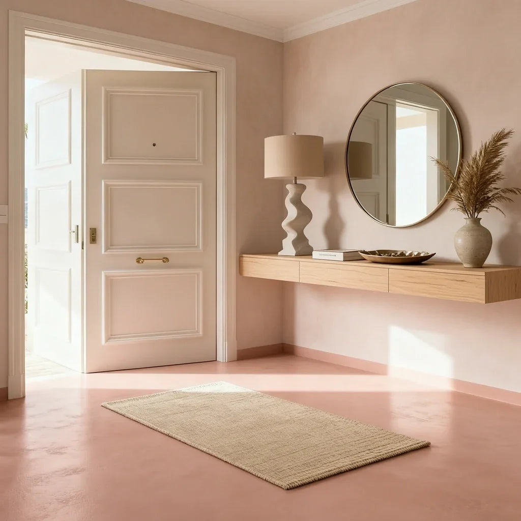 Recibidor moderno y luminoso con suelo continuo de microcemento color Blush, mueble suspendido de madera y espejo redondo.