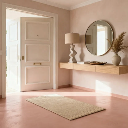 Recibidor moderno y luminoso con suelo continuo de microcemento color Blush, mueble suspendido de madera y espejo redondo.
