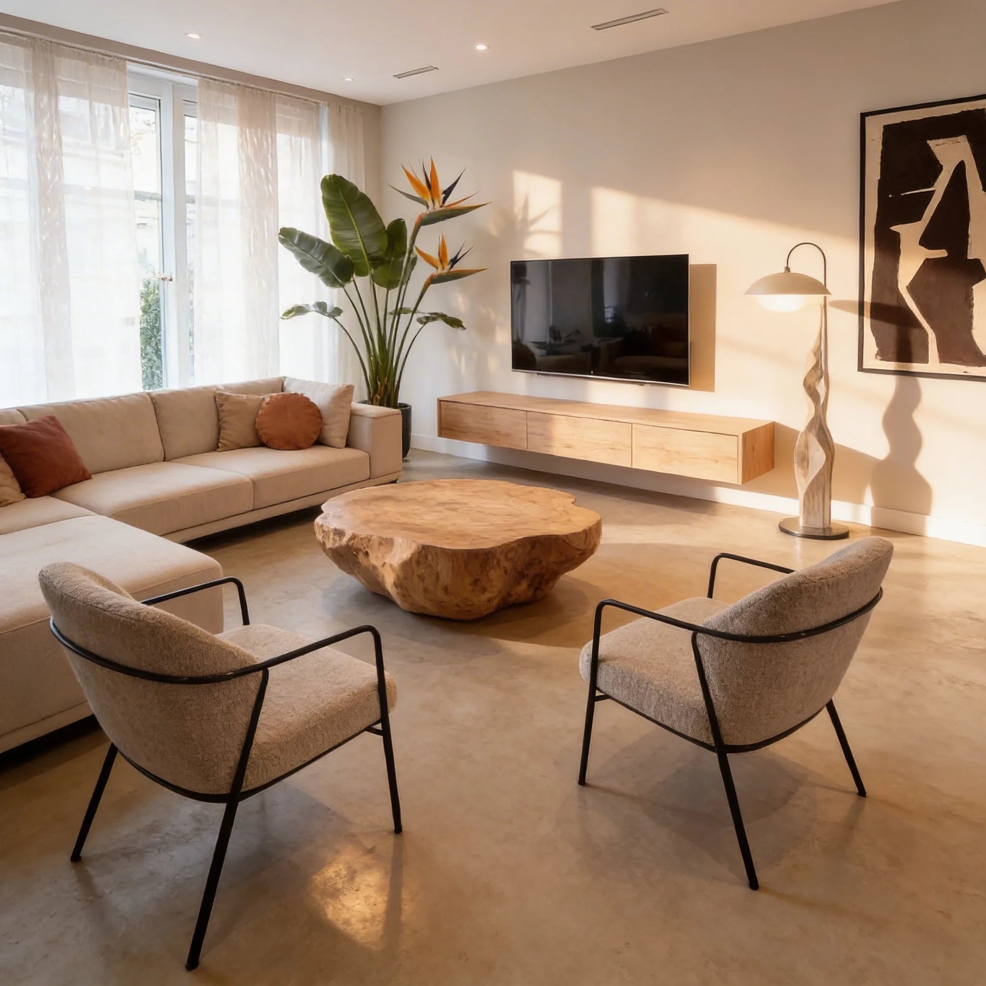 Salón moderno de estilo mediterráneo con suelo continuo de microcemento color Mojave, mesa de centro de madera natural y mueble de TV flotante.