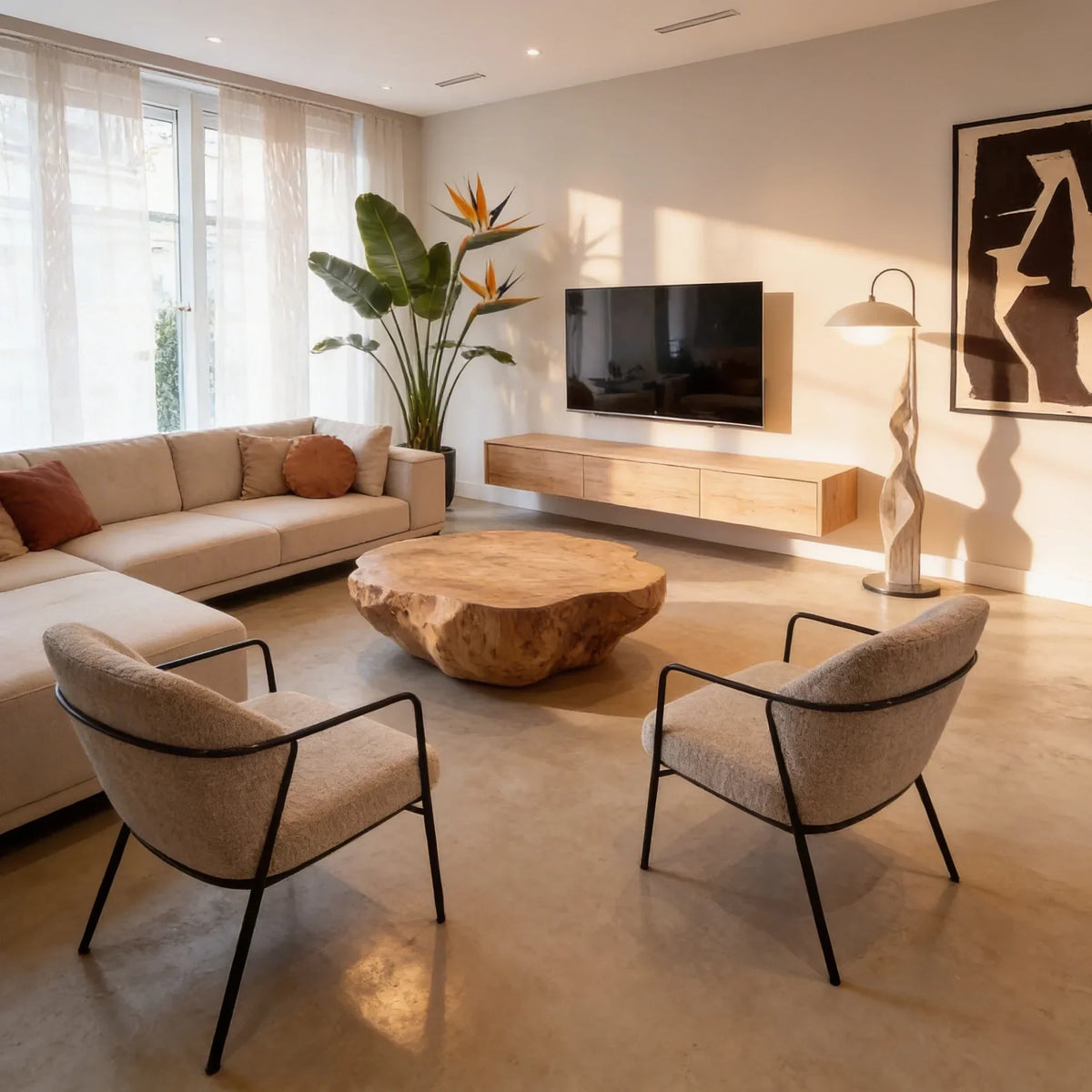 Salón moderno de estilo mediterráneo con suelo continuo de microcemento color Mojave y mesa de centro de madera natural.