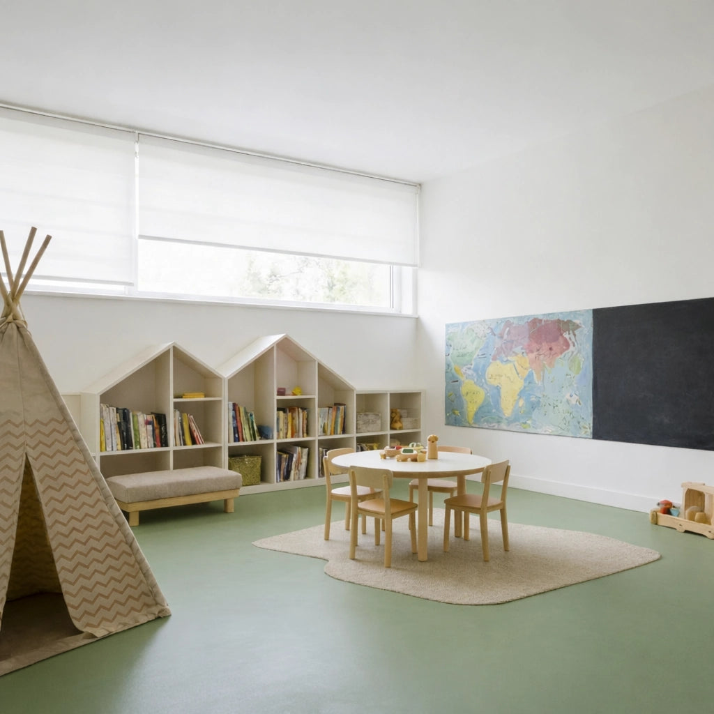 Cuarto de juegos infantil luminoso con suelo continuo de microcemento color Moss, estantería en forma de casita, mesa redonda con sillas de madera y tipi decorativo junto a la ventana.