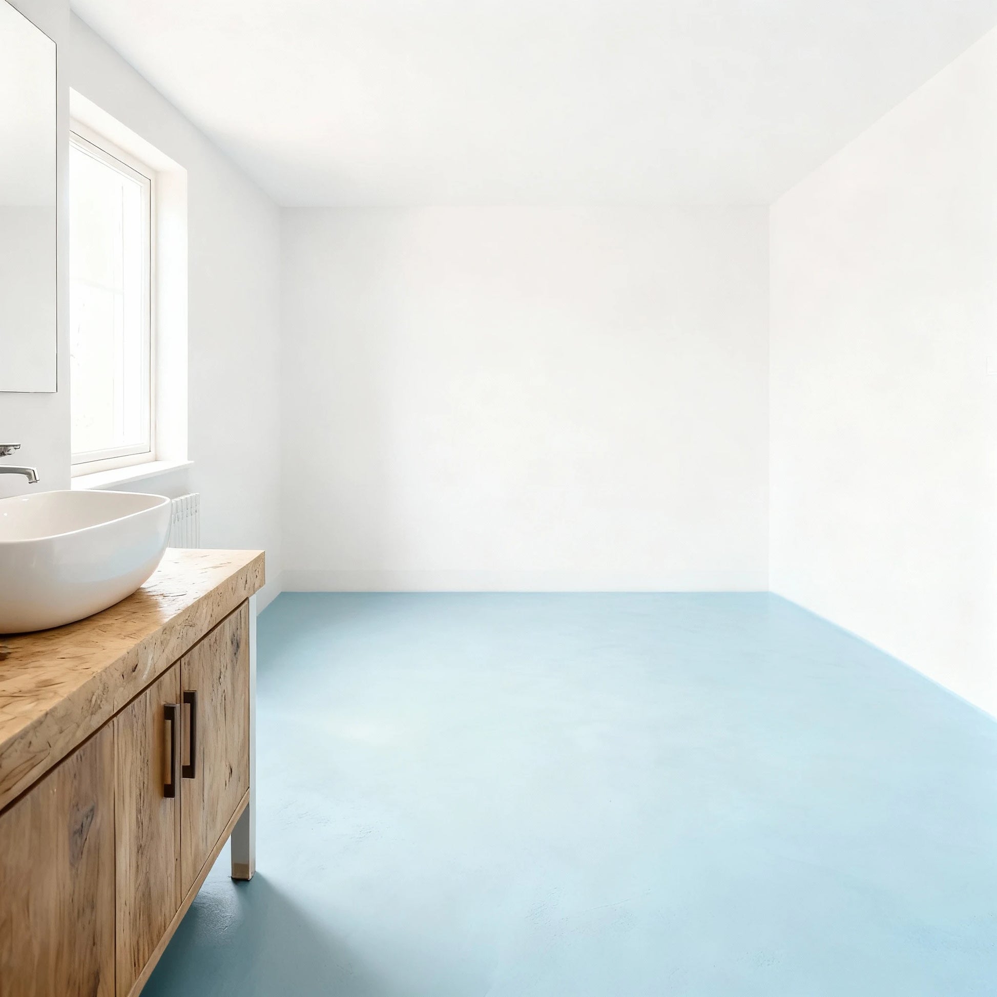 Cuarto de baño diáfano con suelo de microcemento color Breeze, paredes pintadas de blanco y mueble de madera con lavabo encima.