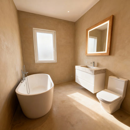 Baño pequeño con con suelo de microcemento color Café, encimera de piedra y ventana que aporta luz natural.