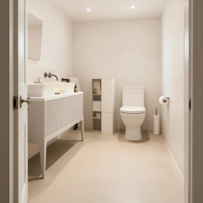Baño luminoso con suelo de microcemento color Bone, mueble de lavabo blanco y un ambiente sereno completamente en tonos neutros.