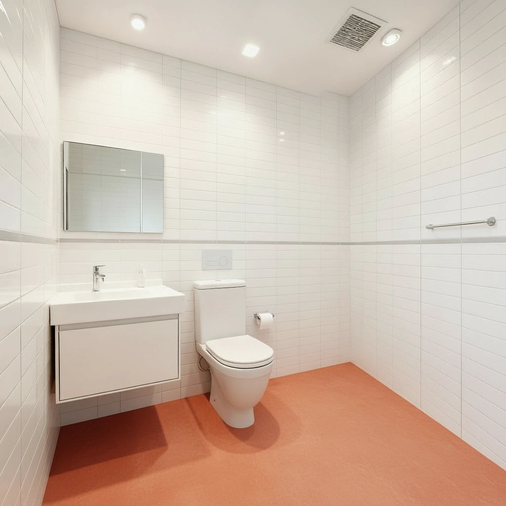 Baño pequeño con suelo de microcemento color Coral que aporta un contraste frente al alicatado blanco de las paredes.