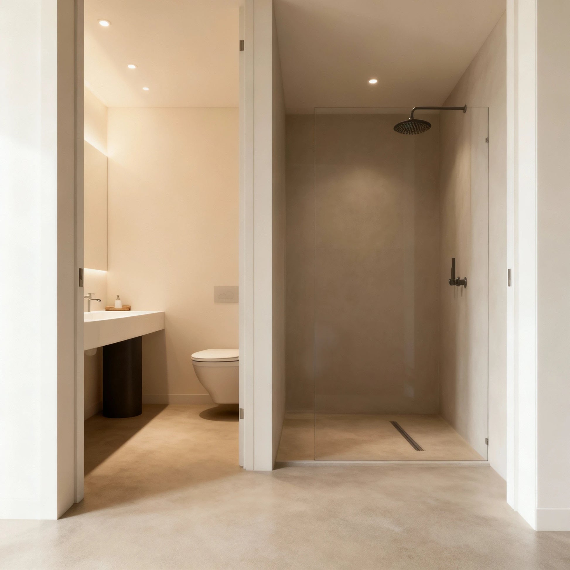 Baño moderno con suelo de microcemento color Spike, ducha incluida, en un espacio minimalista de tonos cálidos y líneas limpias.