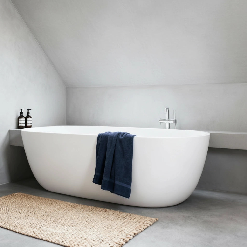 Baño minimalista con bañera exenta y suelo de microcemento color Universe, creando un ambiente suave y relajante.