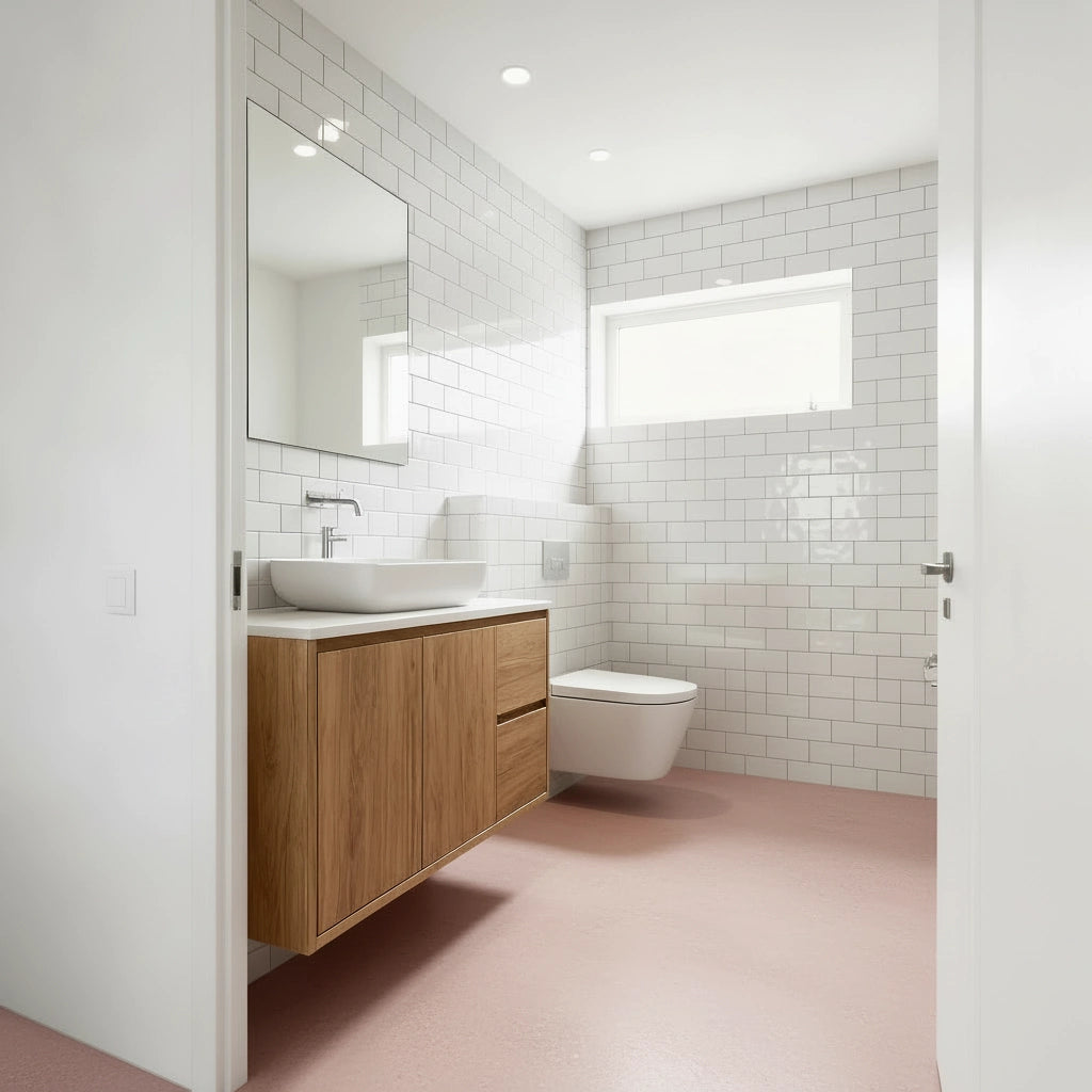 Pequeño cuarto de baño con suelo de microcemento color Blush, paredes de azulejo blanco tipo metro y mueble de madera.