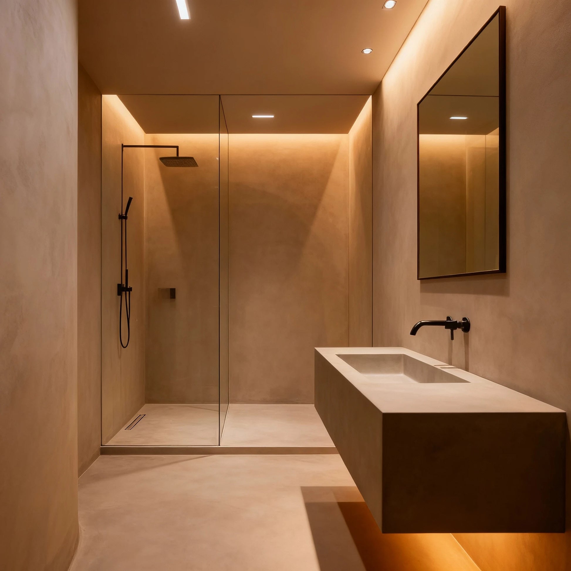 Baño moderno con suelo de microcemento color Mojave y lavabo suspendido iluminado desde abajo para crear un ambiente cálido.