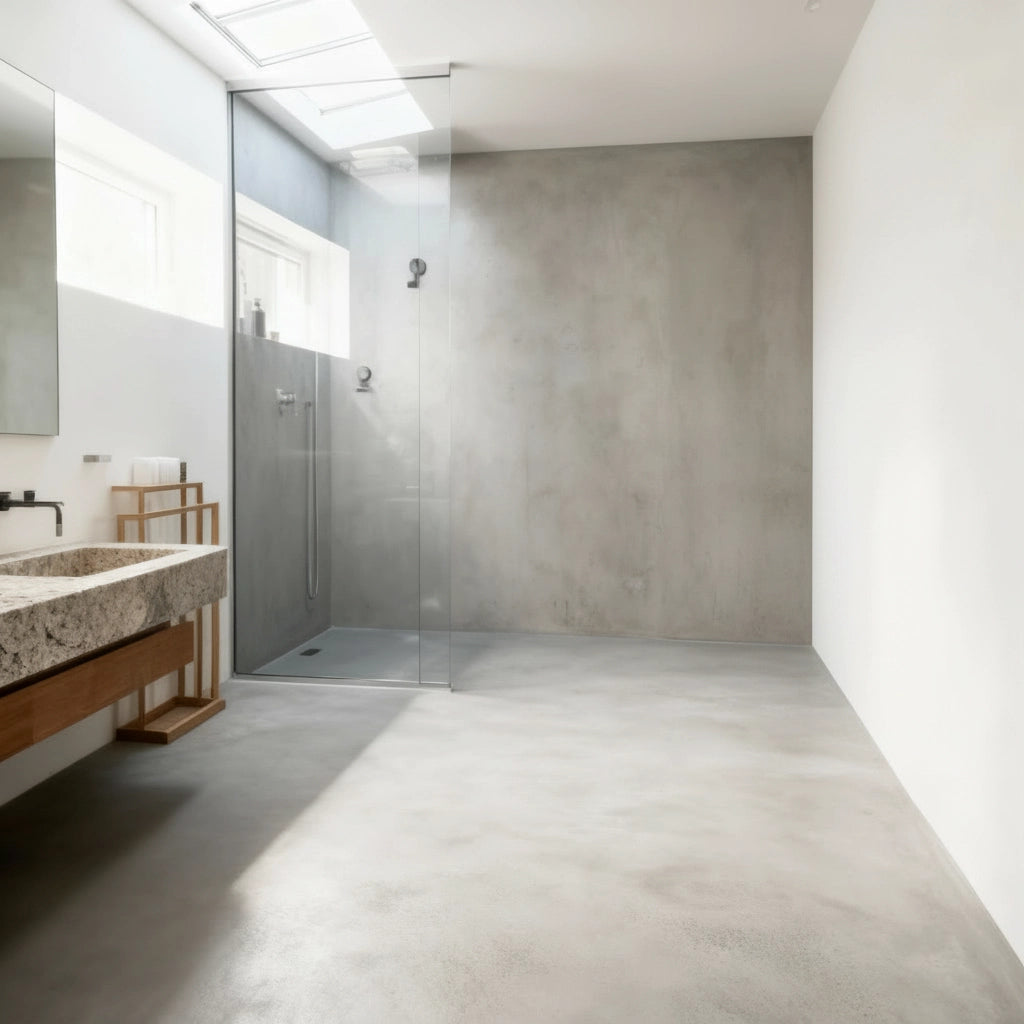 Baño moderno con suelo de microcemento color Papyrus, ducha abierta con mampara de vidrio y un lavabo de piedra sobre mueble de madera.