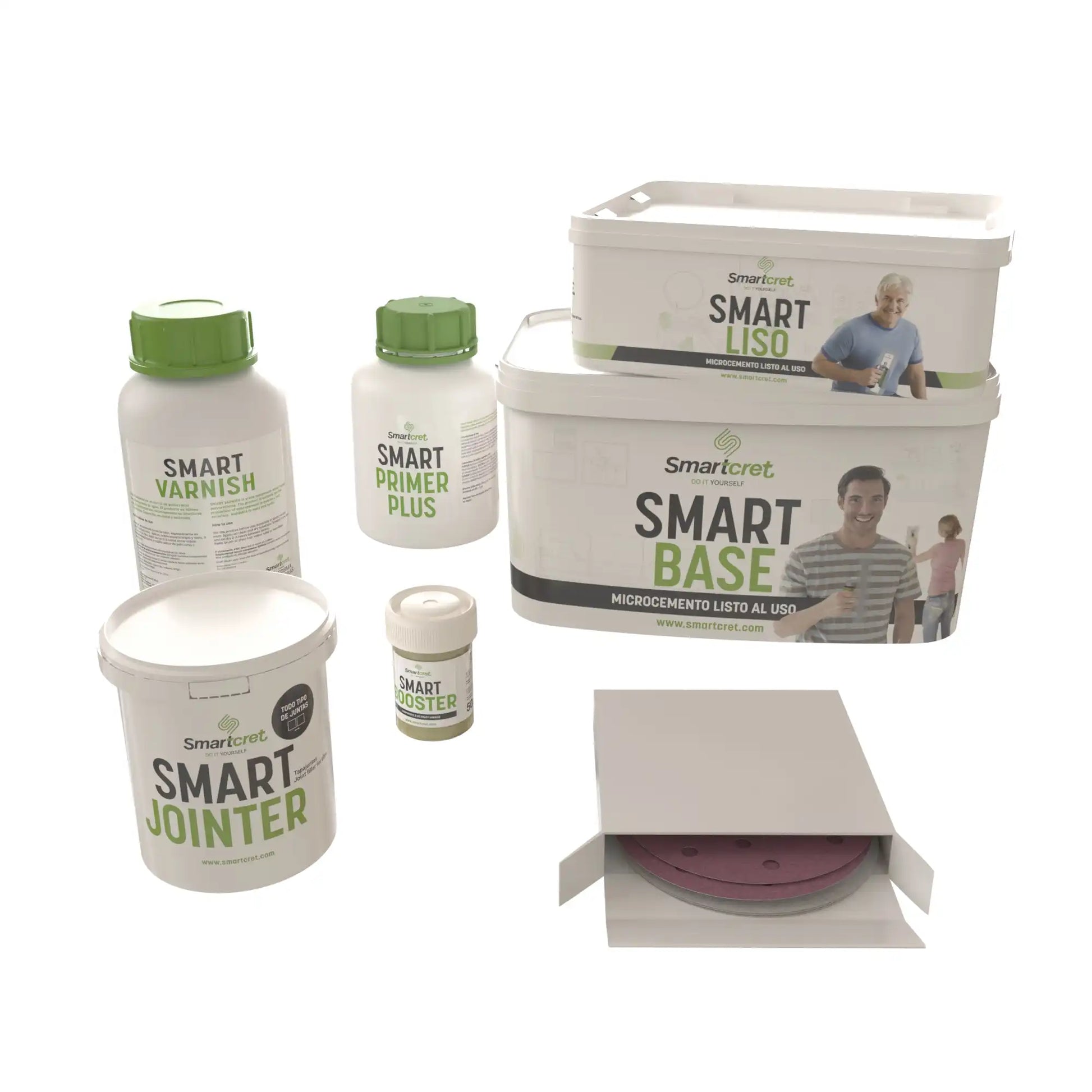 Imagen de los envases que conforman el kit de microcemento Smartcret para suelos de baño con juntas de hasta 4m².