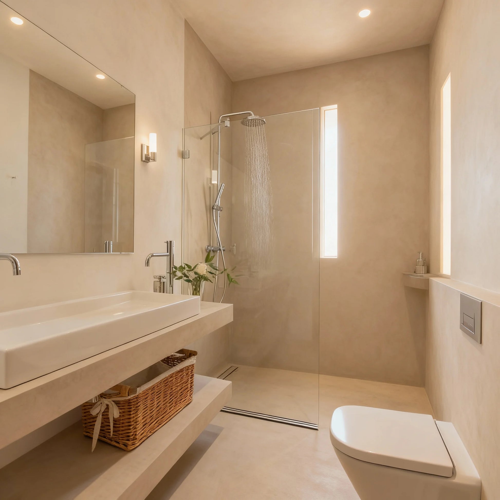 Baño contemporáneo con suelo de microcemento color Champagne, ducha acristalada y lavabo con balda integrada.