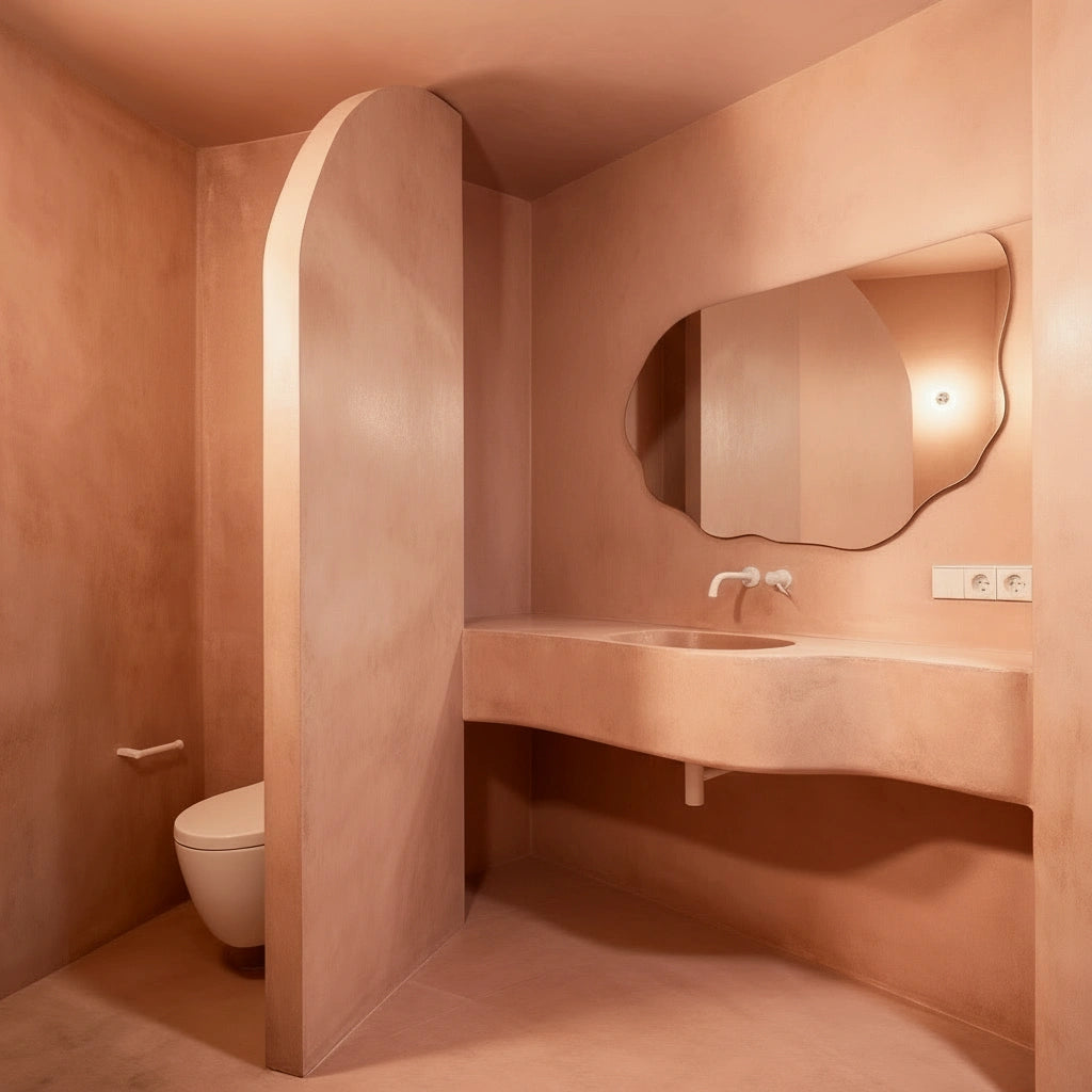 Baño moderno con suelo revestido con microcemento color Coral, espejo orgánico y separación curva para la zona del inodoro.