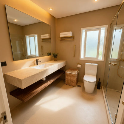 Baño moderno con suelo de microcemento color Salmon, encimera de piedra, ducha acristalada y luz natural entrando por la ventana.