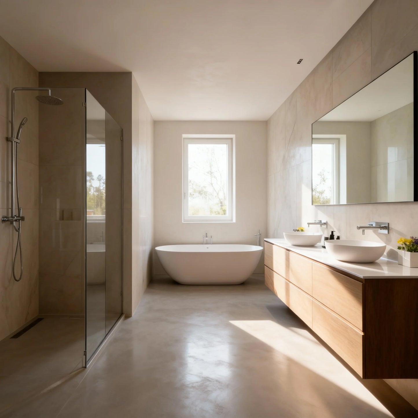 Baño amplio y luminoso con suelo de microcemento color Spike, ducha acristalada, bañera y mueble suspendido de madera.