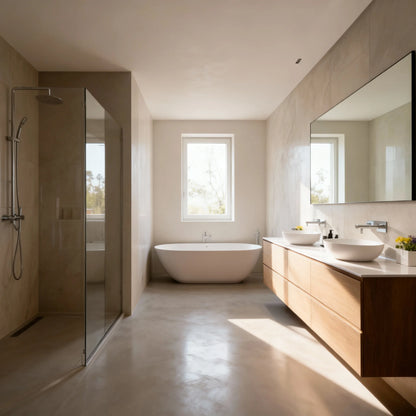 Baño amplio y luminoso con suelo de microcemento color Spike, ducha acristalada, bañera y mueble suspendido de madera.