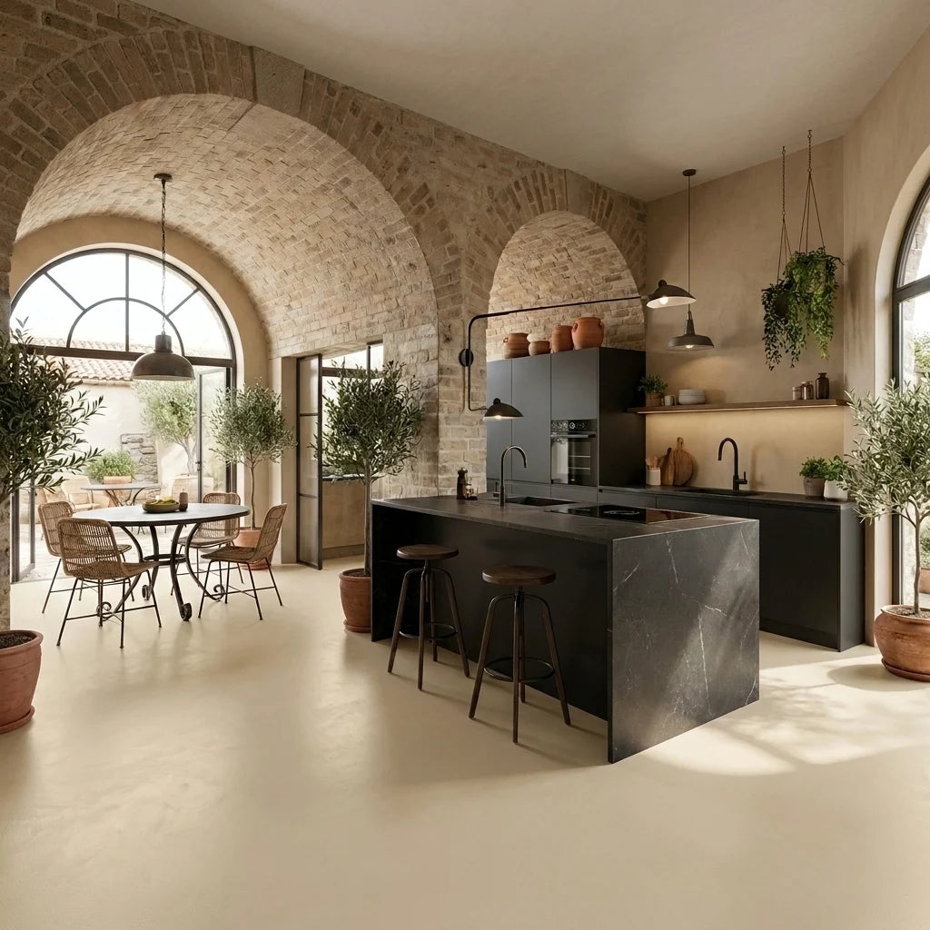 Cocina de estilo mediterráneo con pavimento de microcemento beige color Champagne, isla central oscura, paredes de piedra y zona de comedor luminosa.