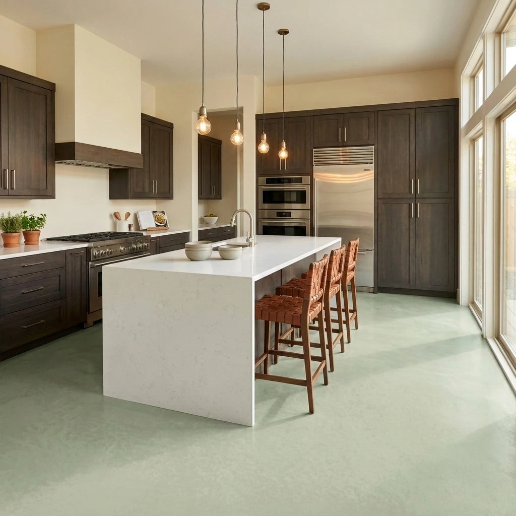 Cocina elegante con pavimento de microcemento verde grisáceo color Liquen, isla central blanca, mobiliario oscuro y luz natural.