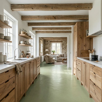 Cocina rústica con suelo continuo de microcemento verde color Wasabi, muebles de madera natural, vigas vistas y salón  al fondo.