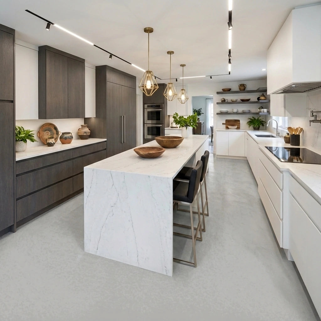 Cocina amplia con suelo continuo de microcemento gris color Universe, isla central clara, mobiliario en blanco y gris oscuro, y estanterías decorativas.