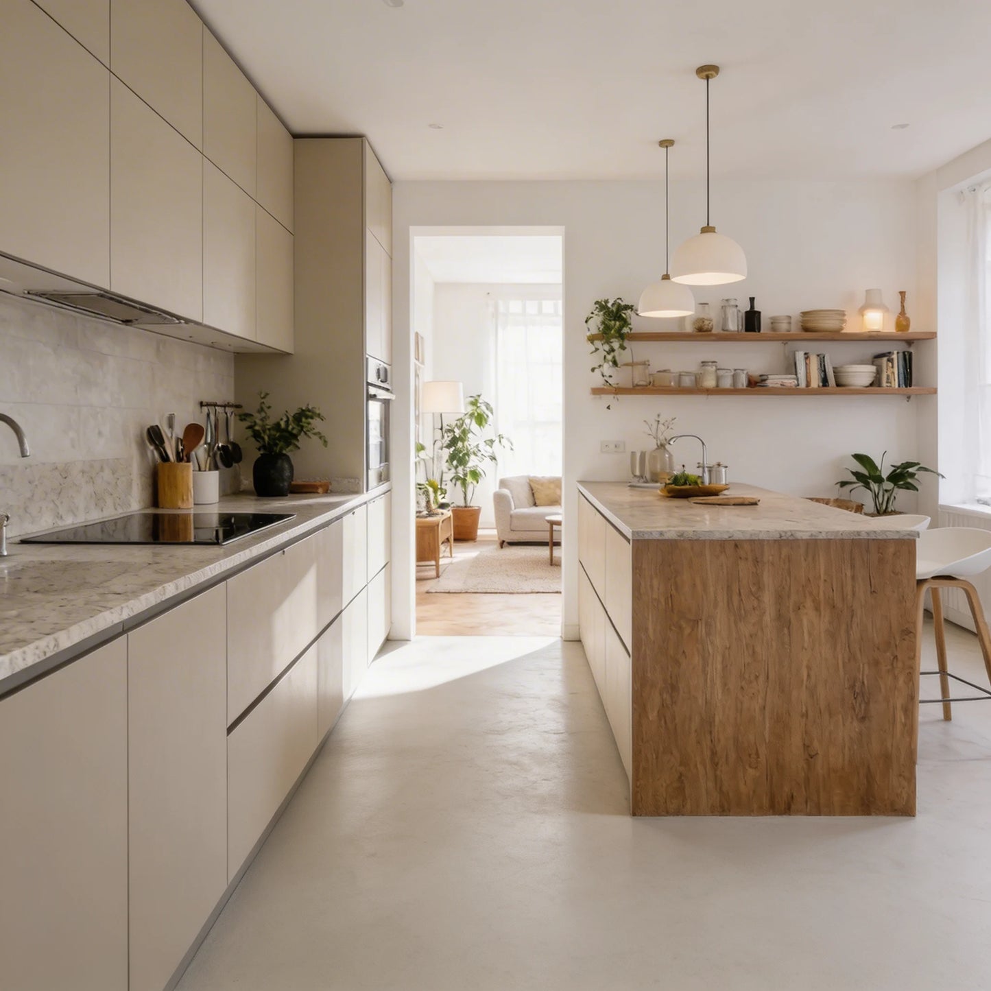 Cocina con isla de madera y suelo continuo de microcemento color Blanco Roto de Smartcret, con acceso abierto al salón.