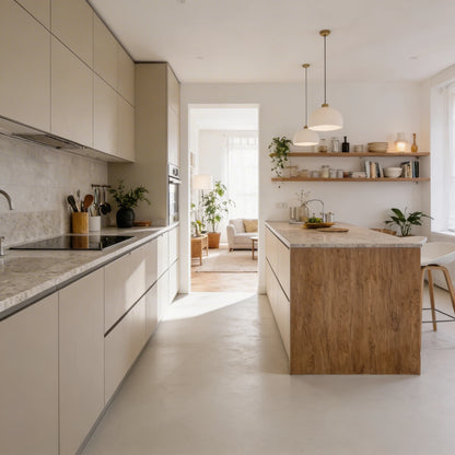 Cocina con isla de madera y suelo continuo de microcemento color Blanco Roto de Smartcret, con acceso abierto al salón.