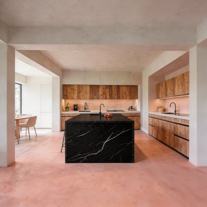 Amplia cocina abierta con isla central de encimera negra de mármol y suelo continuo de microcemento color Coral de Smartcret.