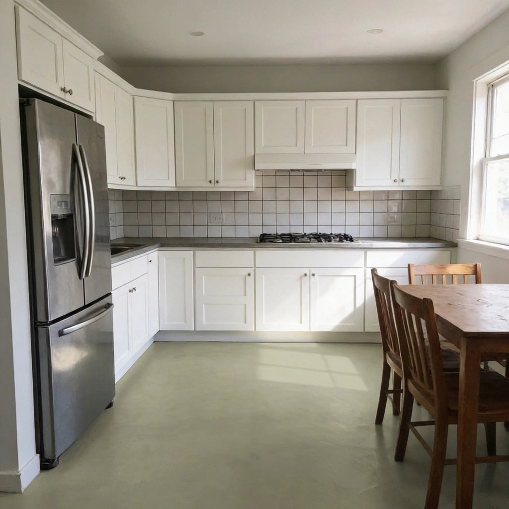 Cocina con azulejos cuadrados en pared, muebles blancos y suelo de microcemento verde color Khaki de Smartcret.