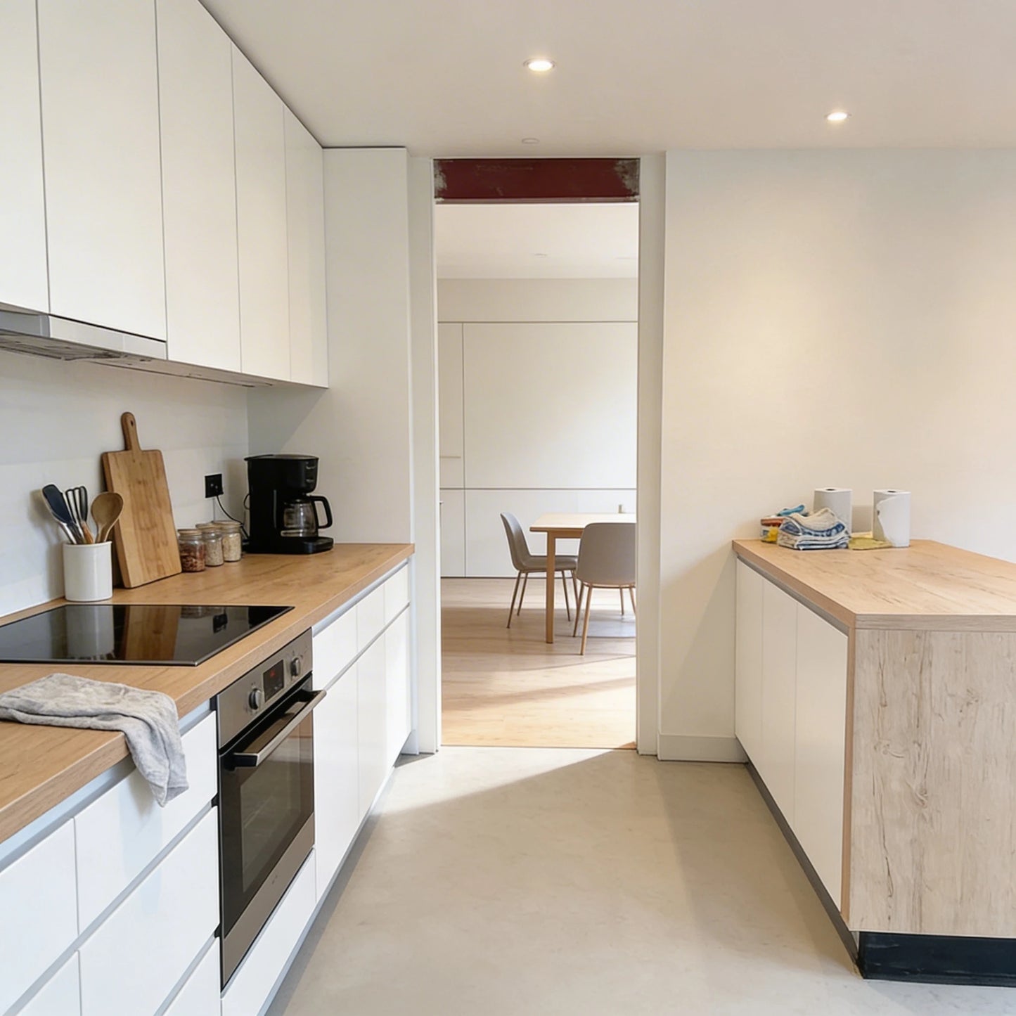 Cocina moderna con suelo de microcemento beige claro color Bone de Smartcret y muebles blancos con encimera de madera.