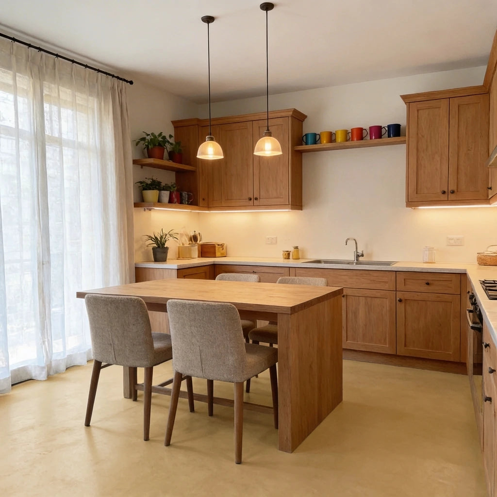 Cocina rústica con isla central y suelo de microcemento tono arena color Mojave de Smartcret.