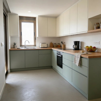 Cocina en forma de L con muebles verde suave y suelo de microcemento gris claro color Shale Grey de Smartcret.