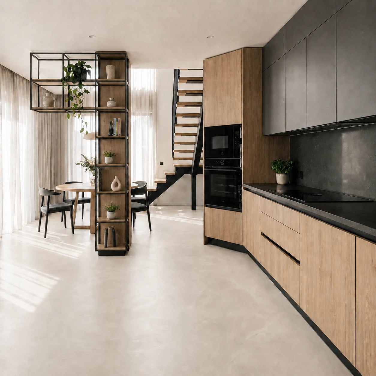 Dúplex con cocina abierta al comedor, suelo de microcemento color Blanco Roto, mobiliario de madera clara, armarios negros, estantería decorativa y escalera que conecta con el piso superior.