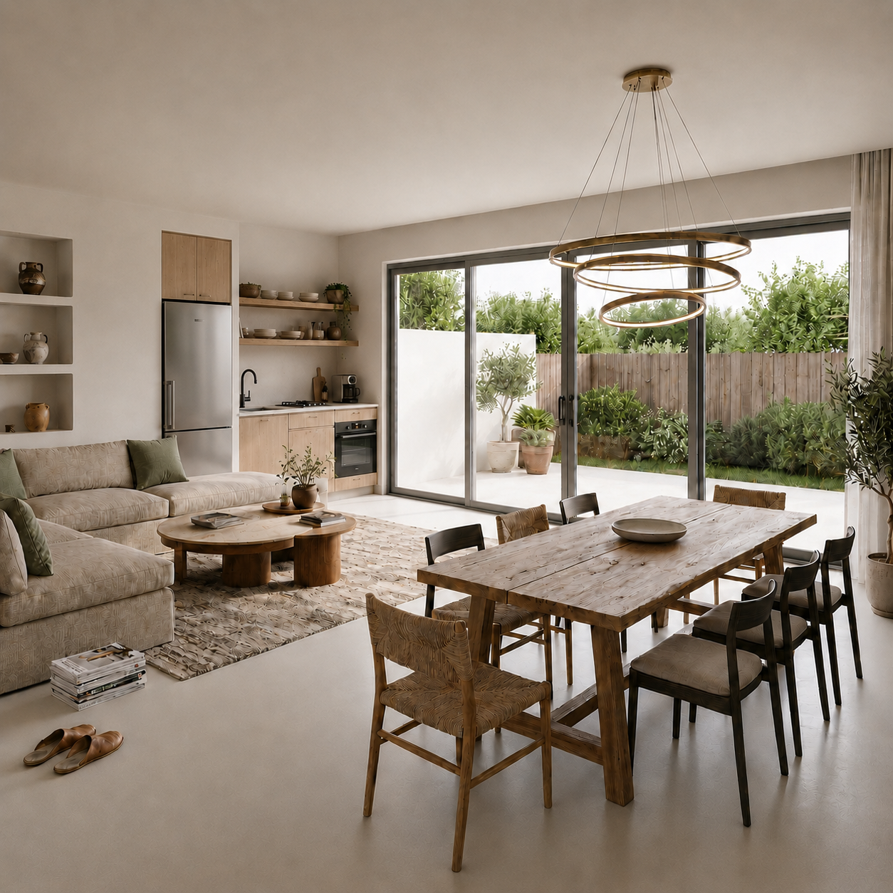 Cocina abierta al salón comedor con suelo de microcemento color gris Papyrus, mobiliario de madera, sofá beige y grandes puertas acristaladas al jardín.