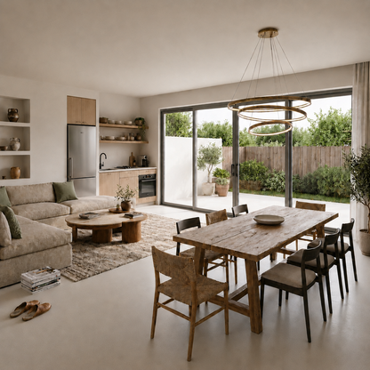 Cocina abierta al salón comedor con suelo de microcemento color gris Papyrus, mobiliario de madera, sofá beige y grandes puertas acristaladas al jardín.