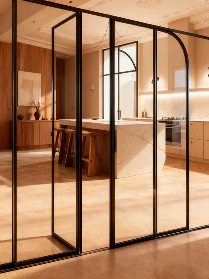 Cocina con isla central y suelo continuo de microcemento color Salmón de Smartcret, delimitada por un cerramiento acristalado con perfilería negra.