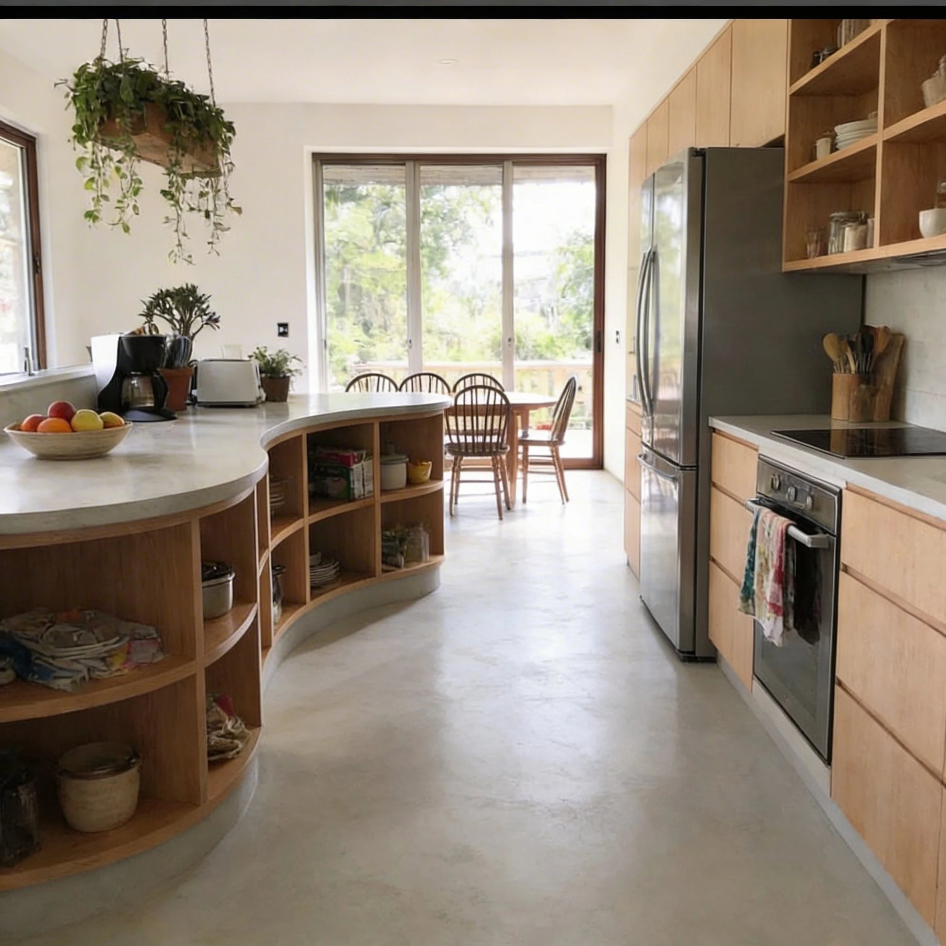 Cocina con isla curva, suelo continuo de microcemento gris color Spike y zona de comedor al fondo junto a grandes ventanales.