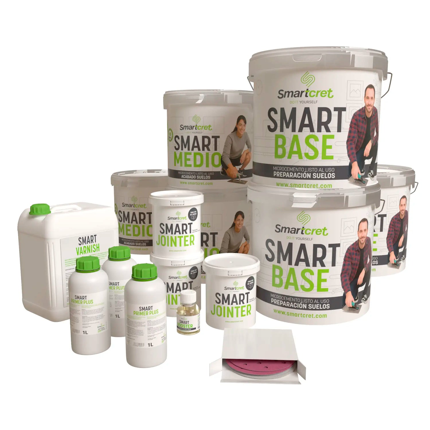 Imagen con todos los envases y componentes del kit de microcemento Smartcret para suelos con juntas de hasta 48 metros.