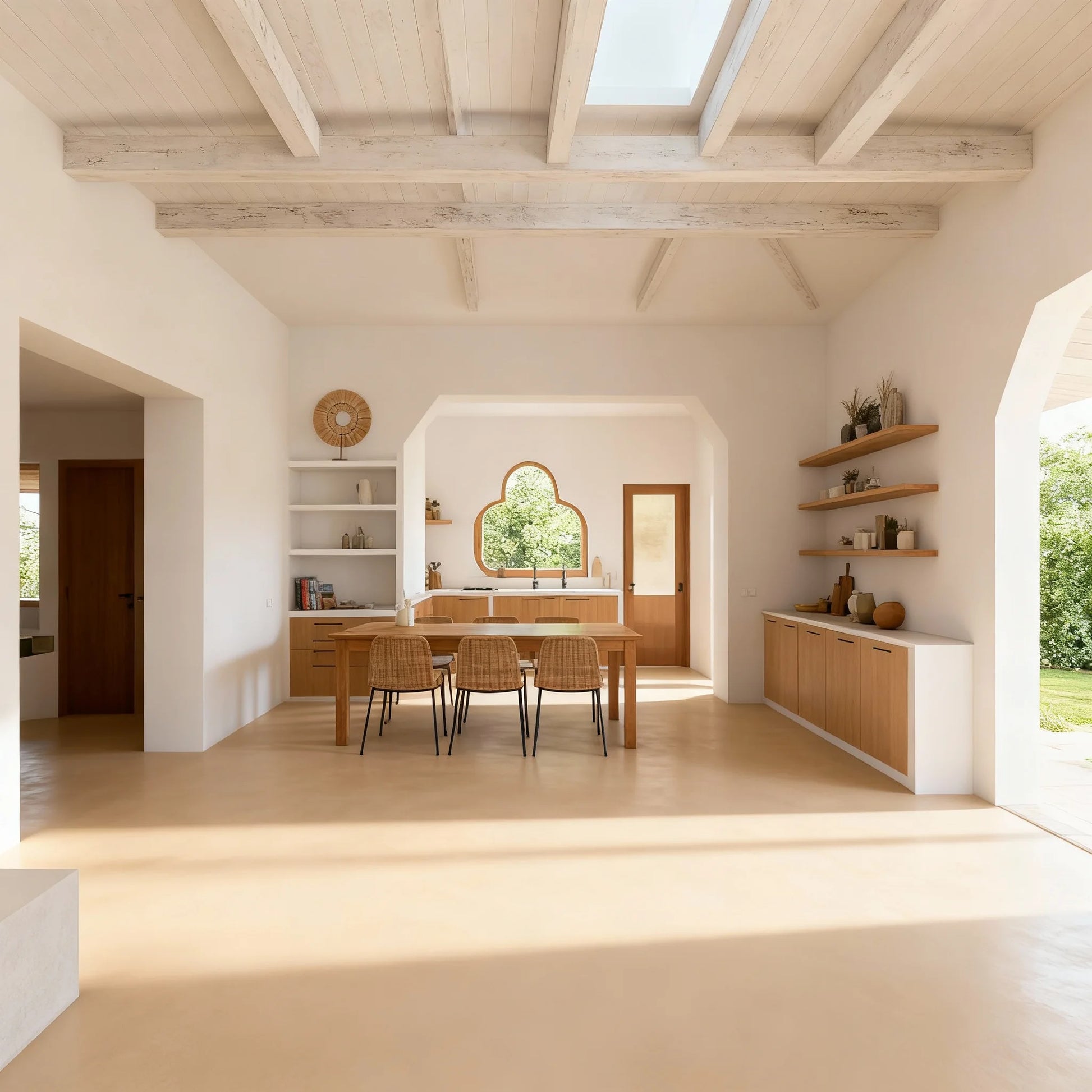 Suelo de microcemento color India en un comedor amplio y luminoso de estilo mediterráneo.