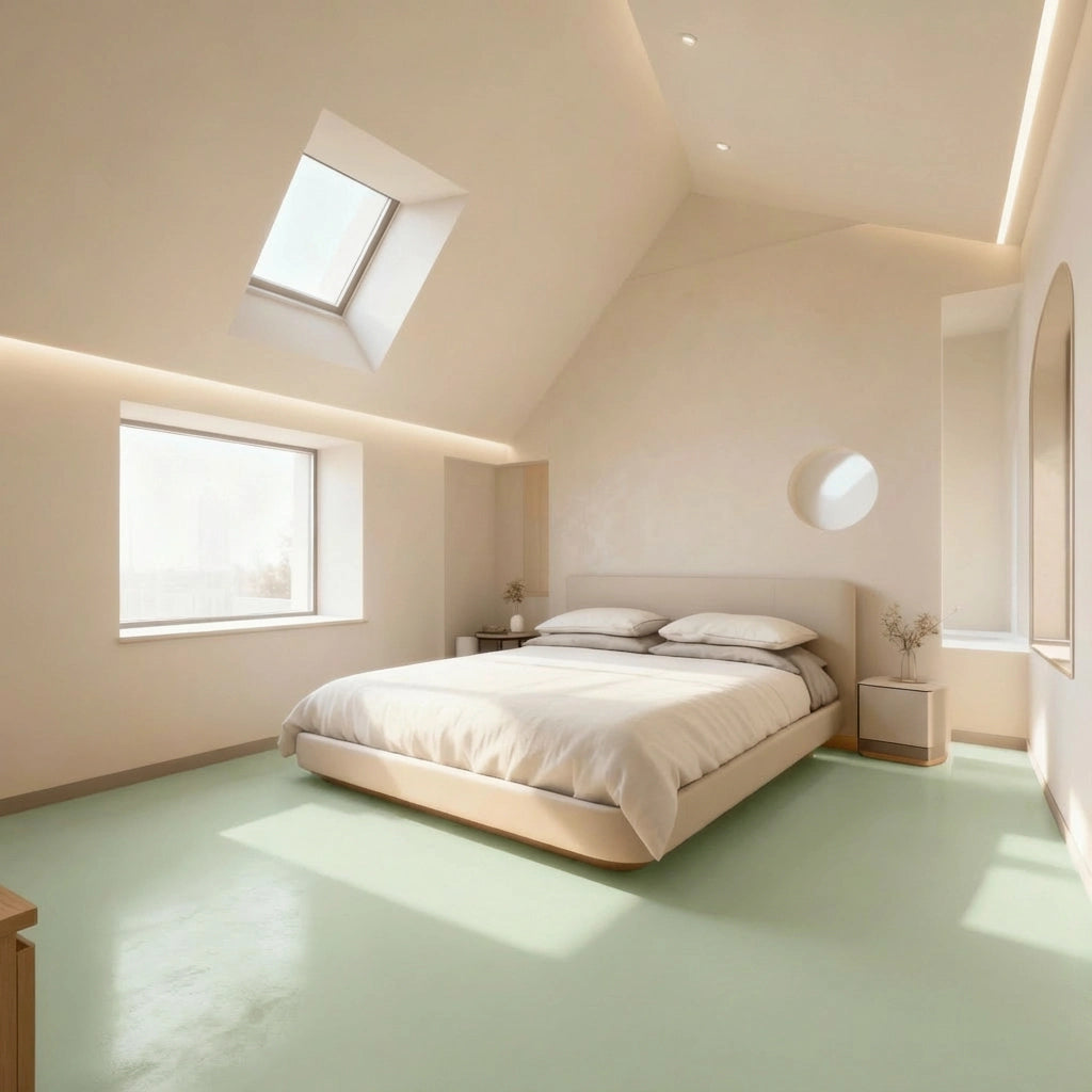 Dormitorio luminoso con suelo de microcemento color Moss y luz natural entrando por la ventana y el tragaluz.