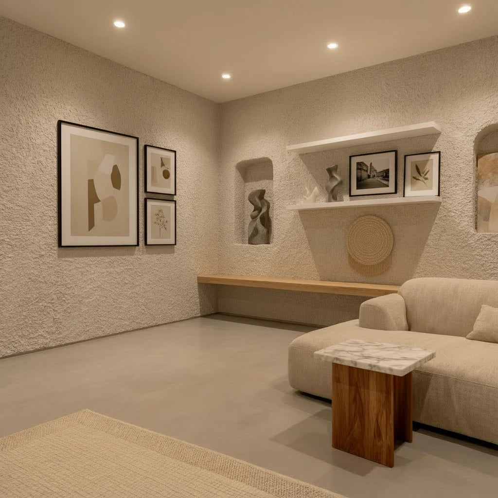Sala de estar con suelo de microcemento color Spike y paredes de gotelé decoradas con nichos y cuadros modernos.